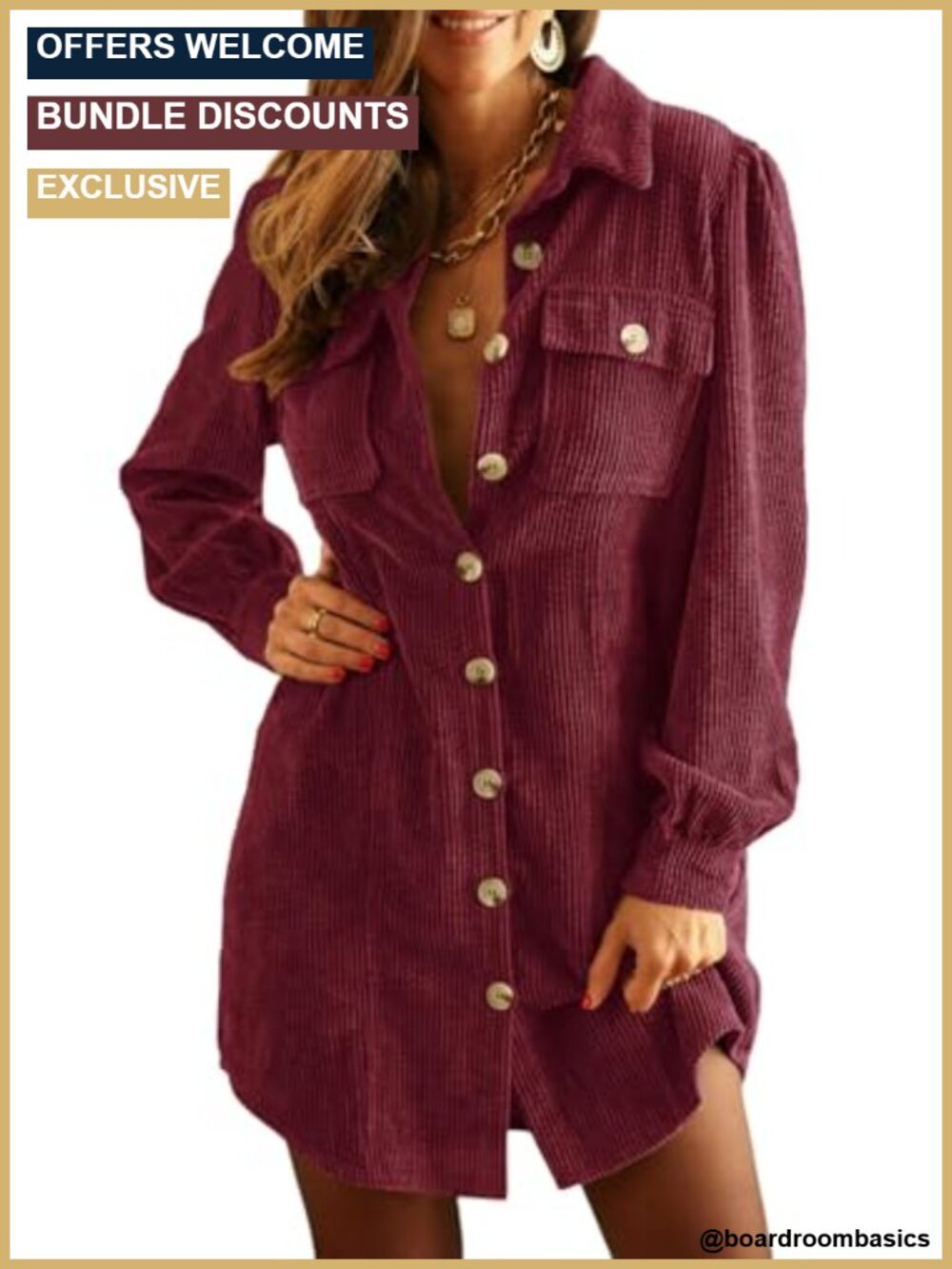 Corduroy Button Down Long Sleeve Tunic Dress Work Casual